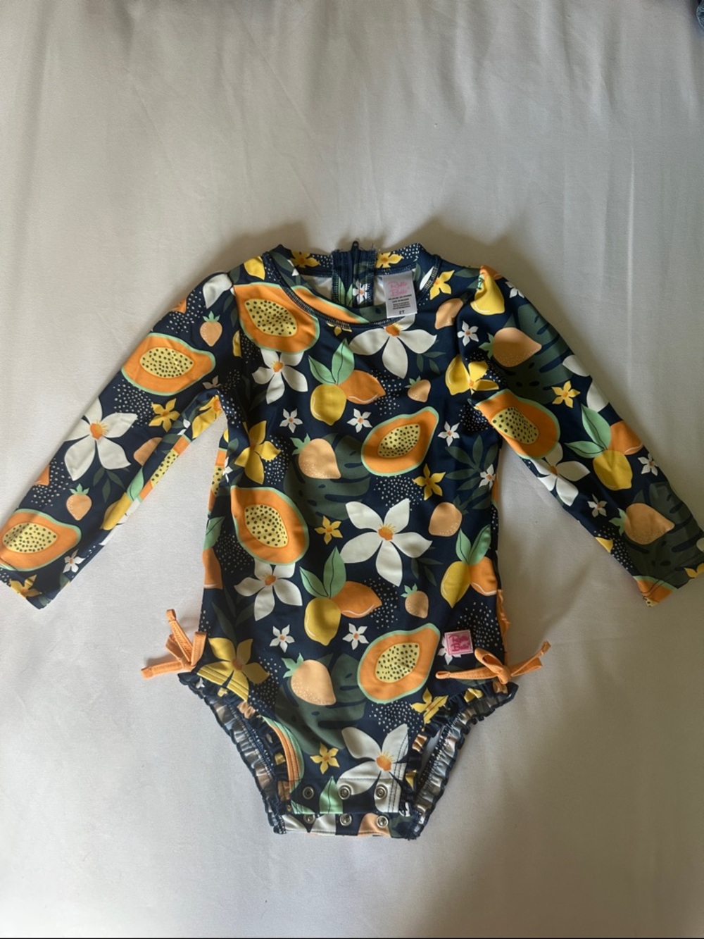 Girls Long Sleeve Fruit Print One-Piece Swimsuit - Navy & Orange